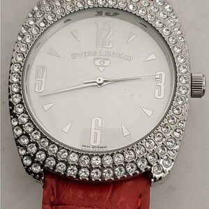 Swiss Legend Women's Crystal Bezel Watch - Red Croc Strap